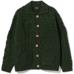 Beams Plus3 Gauge Multi-Pattern Aran Cardigan - Green