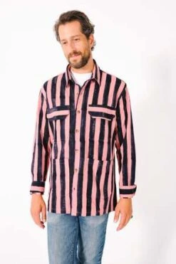 DUSHYANT.Hand Block Printed Derek Overshirt - Pink/Black Stripes Twill